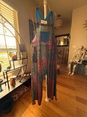 Bohemian Patchwork Wide-Leg Overalls - Teal & Coral